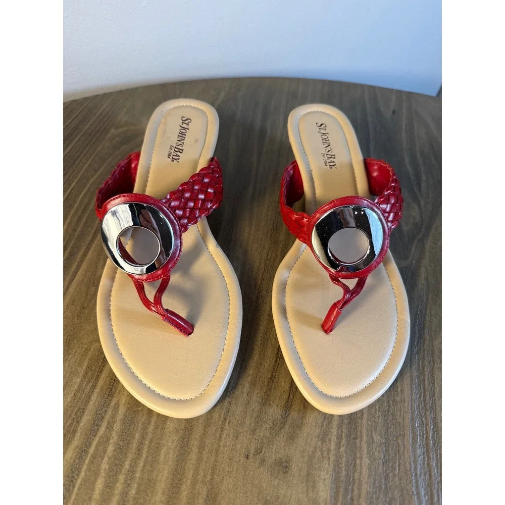 St. John's Bay Wedge Sandals Women 6 Red Braided Thong Silver Ring 19963-8‎